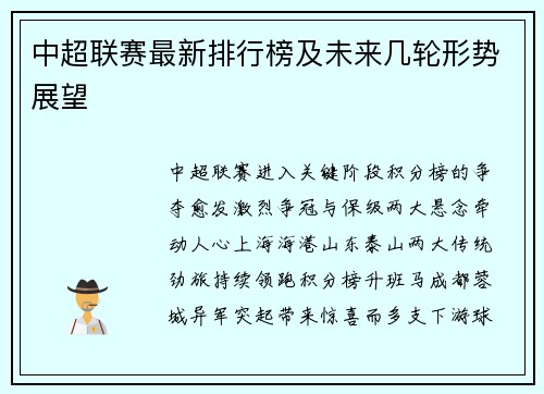 中超联赛最新排行榜及未来几轮形势展望