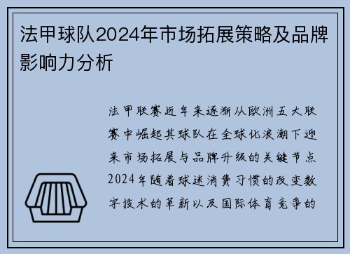 法甲球队2024年市场拓展策略及品牌影响力分析